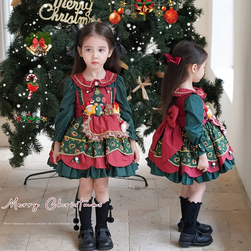 AnnieGirl圣诞新年手作重工绝美刺绣烫金连衣裙女童洛丽塔冬季