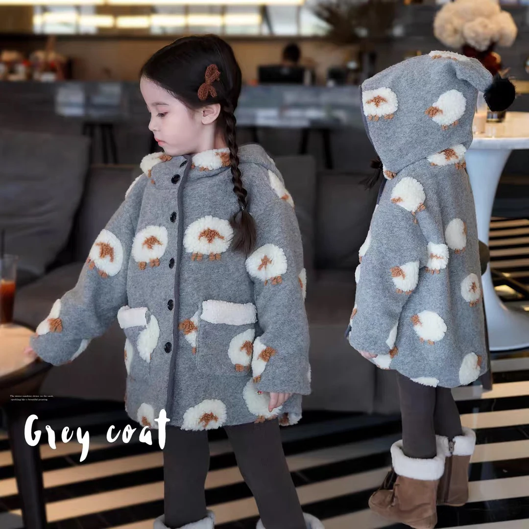 AnnieGirl冬季立体羊羔绒提花小绵羊冬款外套精灵帽加绒加厚大衣