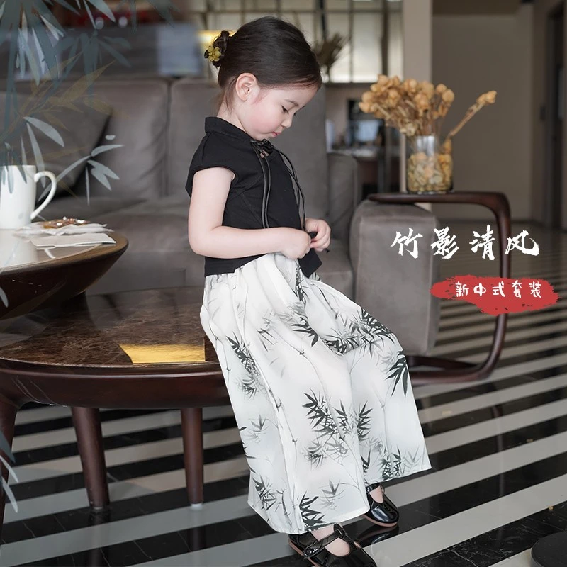 AnnieGirl新中式旗袍上衣短袖盘扣夏季古风女童雪纺直筒裤套装