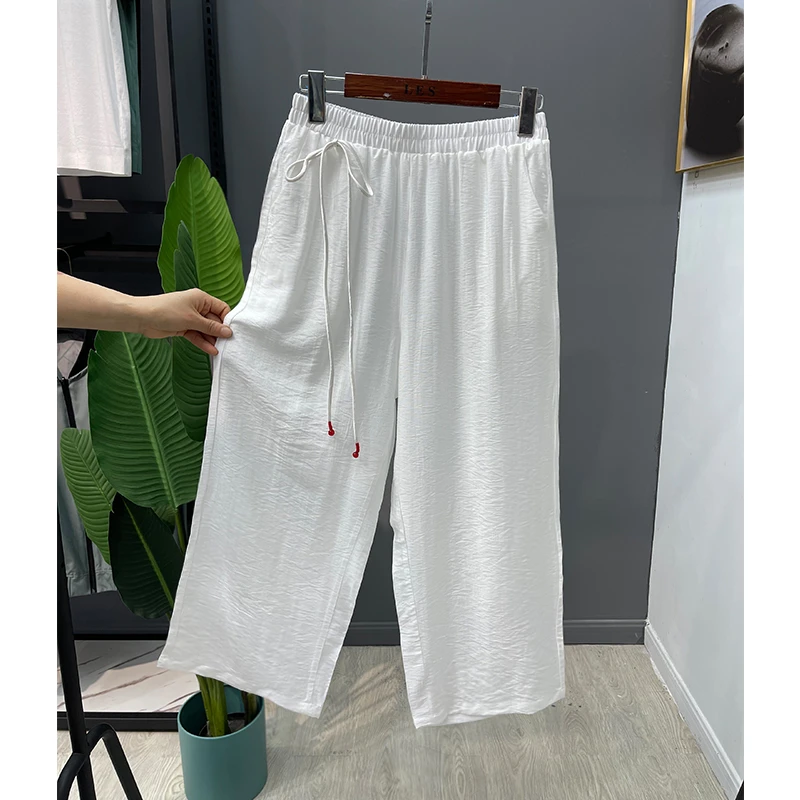 夏季松紧腰宽松女士提花春夏新款显瘦阔腿裤透气大码高腰棉麻裤子
