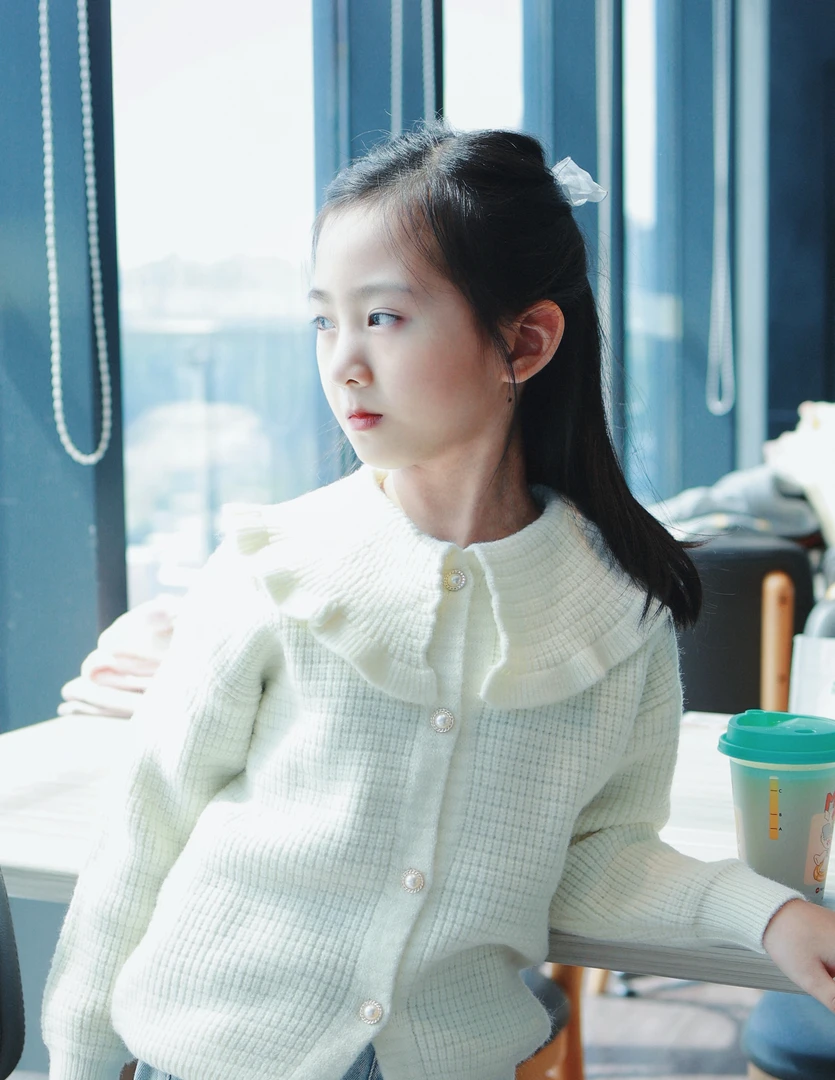 2024新款女童针织衫中大童针织开衫翻领秋冬网红纯色百搭