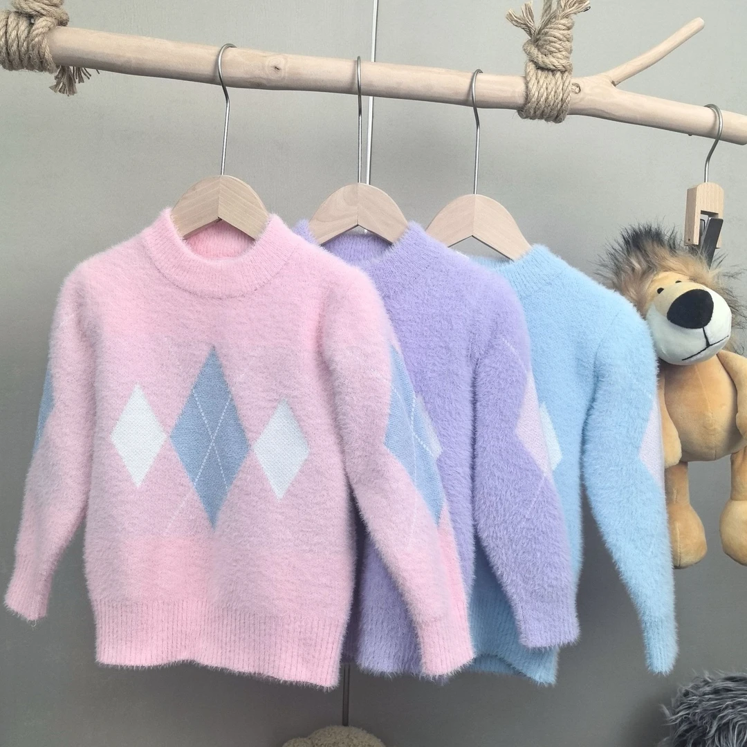 水貂绒冬季加厚女童中大通圆领套头儿童时尚保暖毛衣秋冬