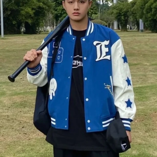 情侣百搭刺绣l蓝白拼接棒球夹克外套