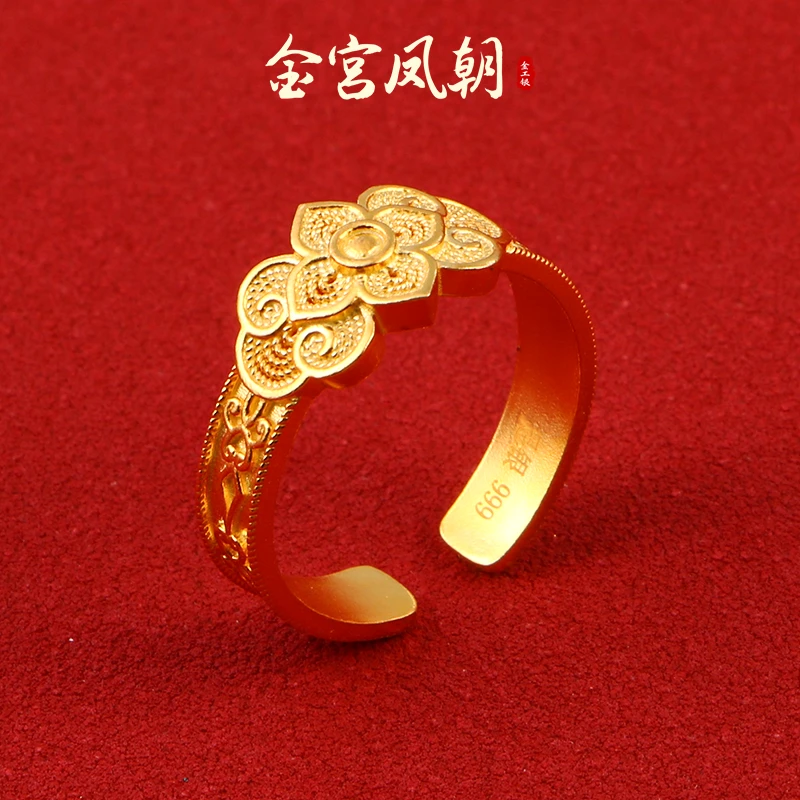 足银戒指 金宫凤朝 足银花丝戒指幸运草开口可调节戒指适合胖手指