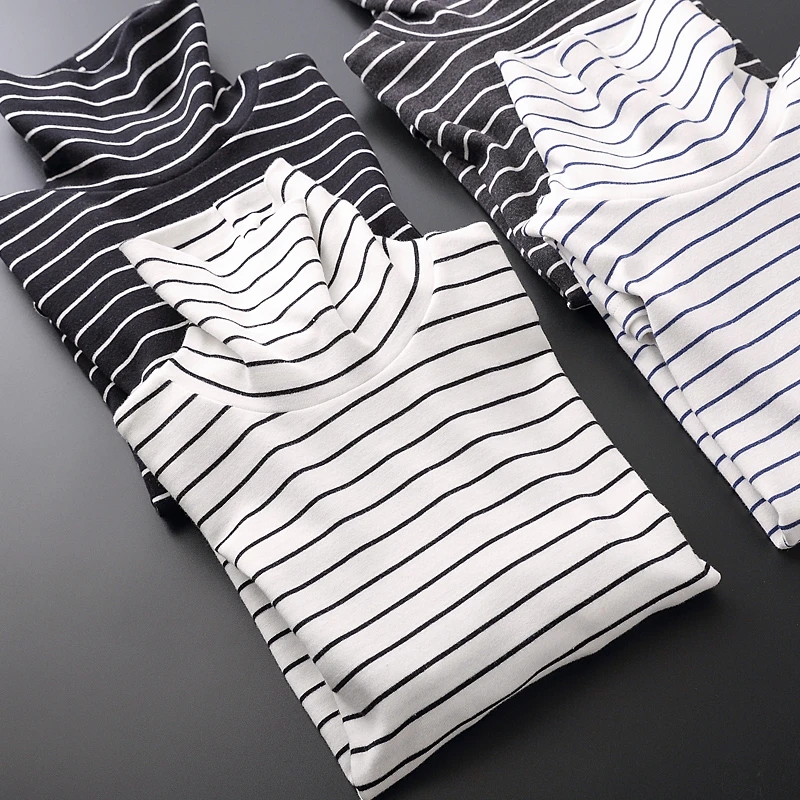 黑白条纹高领打底衫秋衣男t恤休闲长袖上衣男装修身体恤衣服I