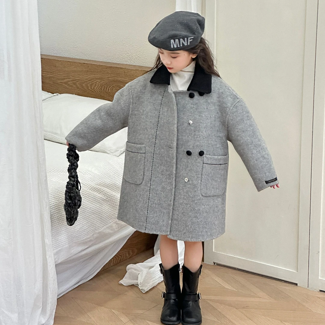 【现货】儿童米粒绣外套2024秋冬女童双面呢大衣中大童中长款