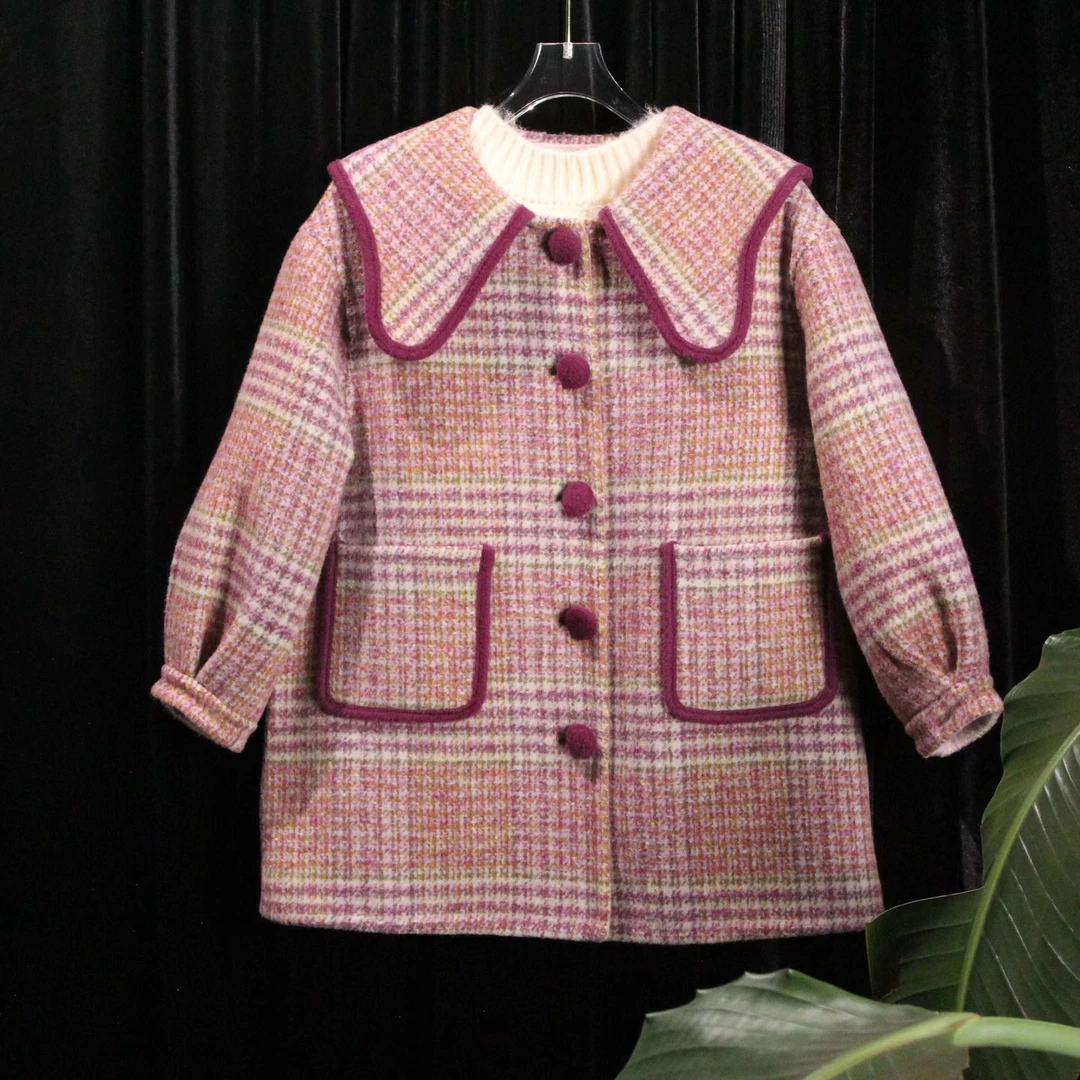 【诗序】花格子提花娃娃领洋气中大童羊毛童装双面羊毛大衣-紫花格