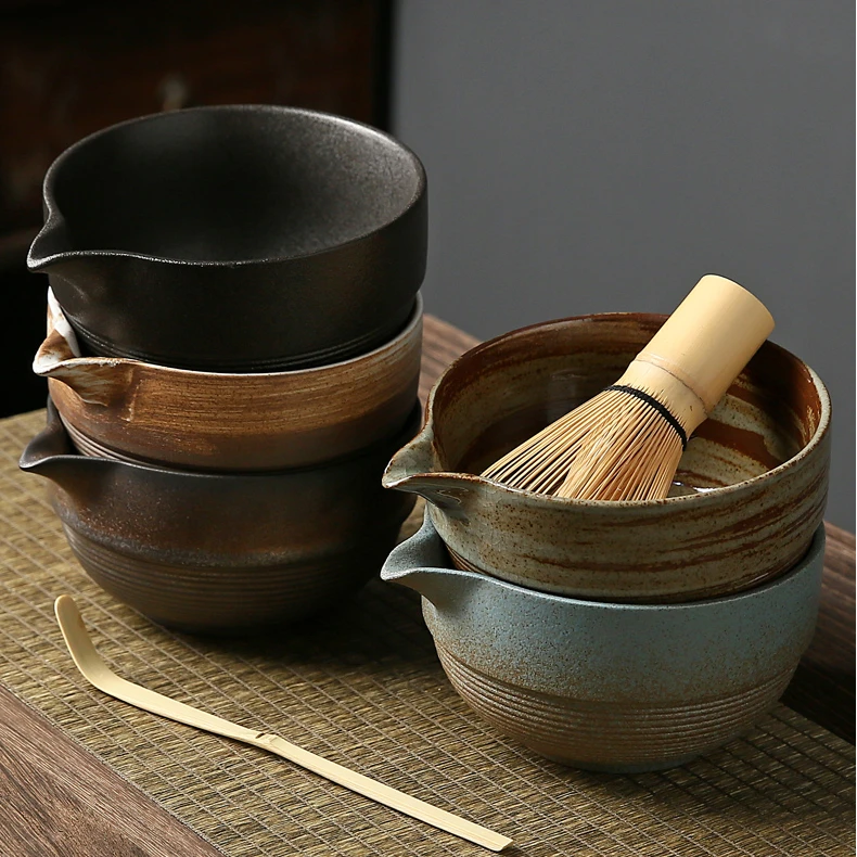 新款粗陶抹茶碗带嘴打抹茶工具刷日式点茶碗抹茶杯搅拌器茶筅器具