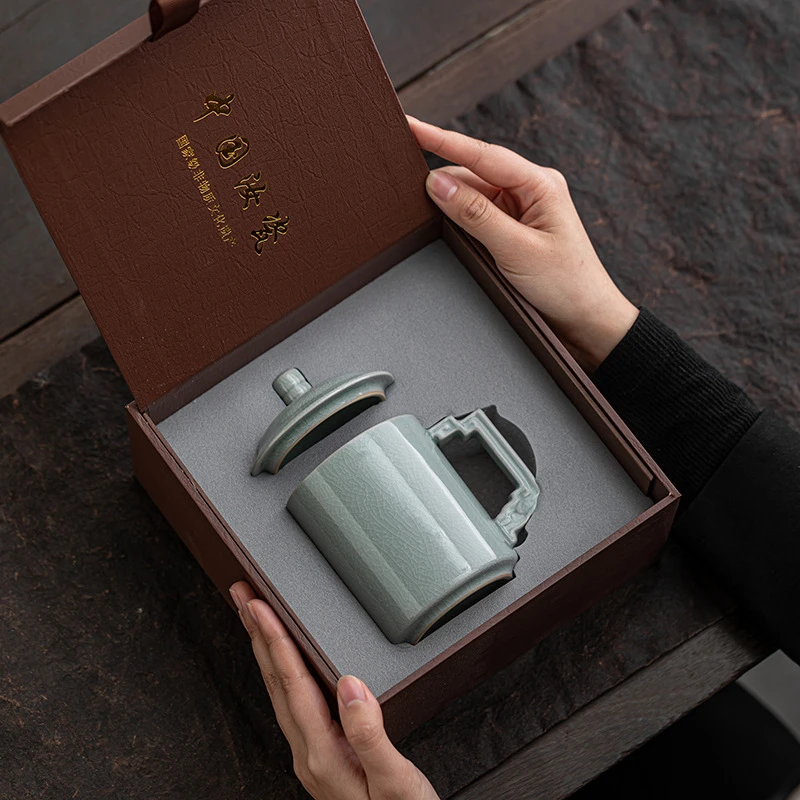 汝窑大容量开片可养办公室办公杯礼盒装茶水分离带盖过滤陶瓷水杯