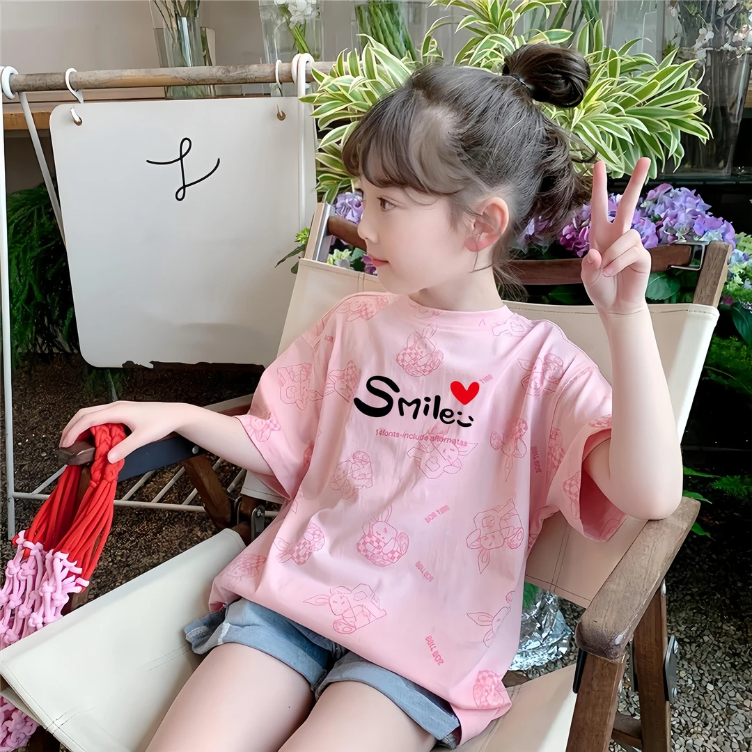 女童短袖印花T恤2024年新款夏季圆领童装中大童儿童女宝女孩宽松t