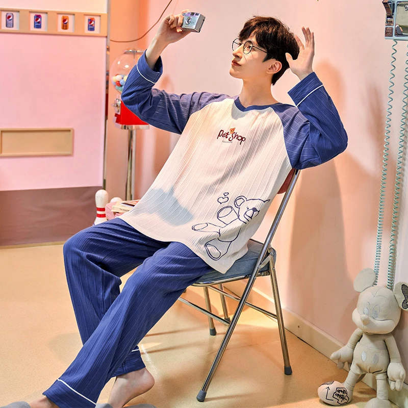 7209睡衣套装长袖家居服男士春秋季薄款休闲宽松学生