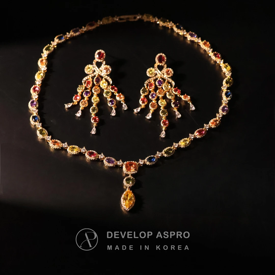 铜合金仿水晶耳饰 【现货】韩国新款彩色轻奢复古耳钉项链SP63