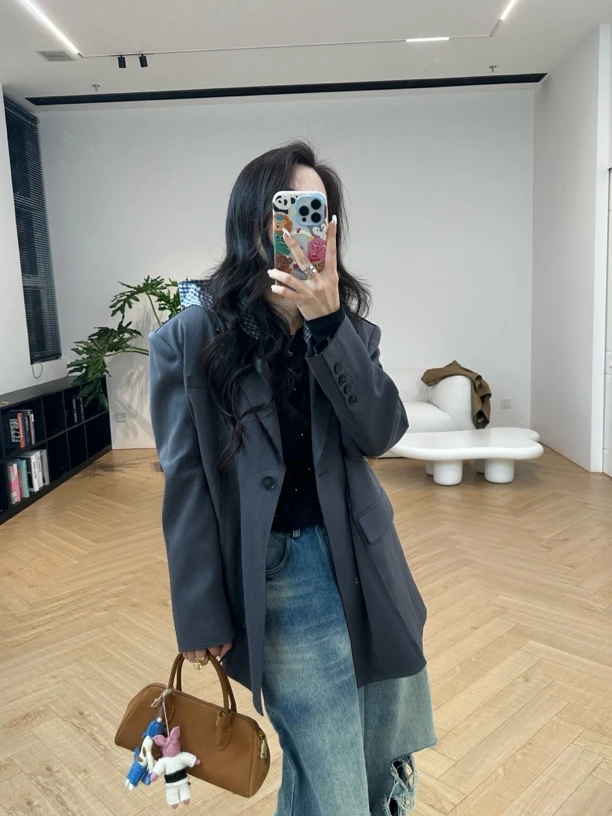 Hi TO Hi 设计师品牌 小众新款格纹连帽翻领垫肩西服&橡筋腰西裙