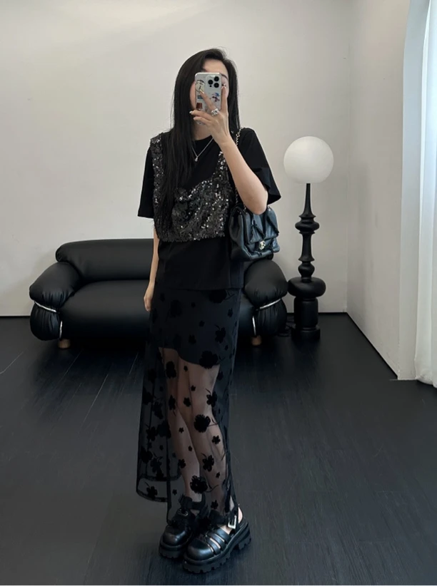 丿未PUREVENUS 设计师品牌 24春夏新品 两件套网纱植绒团花纱裙