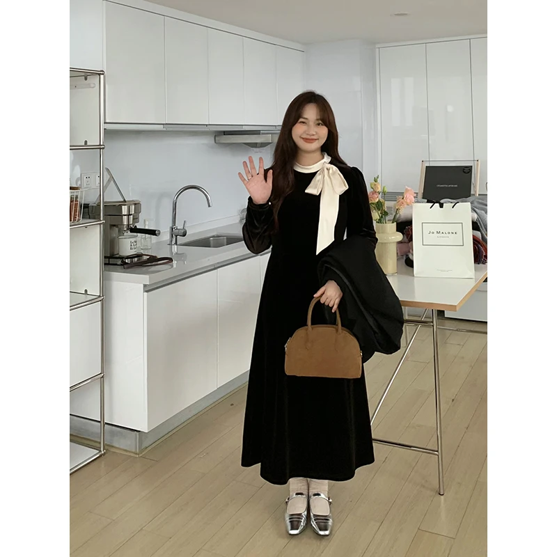 KMZY/KMZY山_山【氛围女一】微胖女装韩系显瘦温柔收腰丝绒连衣裙