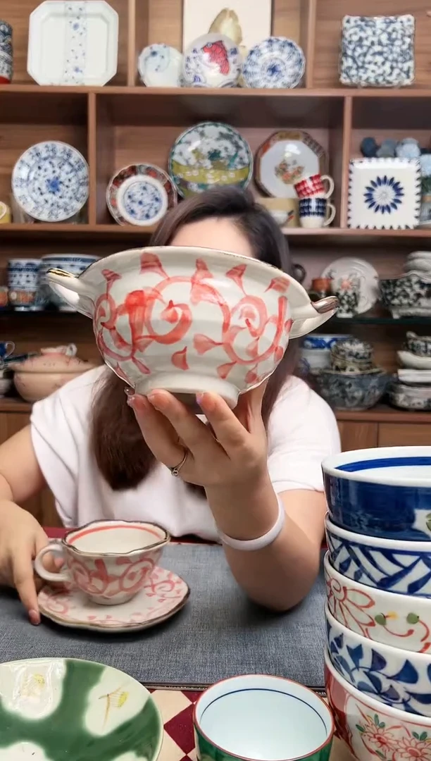 【闪购商品】瓷片章鱼唐草  双耳汤碗（红）
