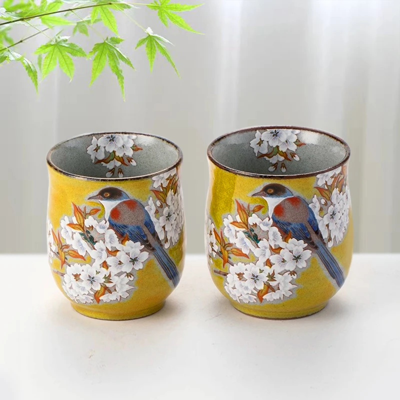 日本进口九谷烧 黄花雀鸟手握对杯主人杯手绘日式结婚送礼乔迁
