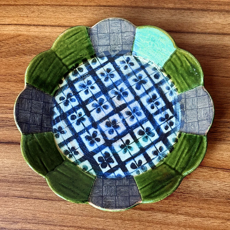 日本进口濑户烧织部轮花19中皿复古手工盘子菜盘陶瓷日式家用创意