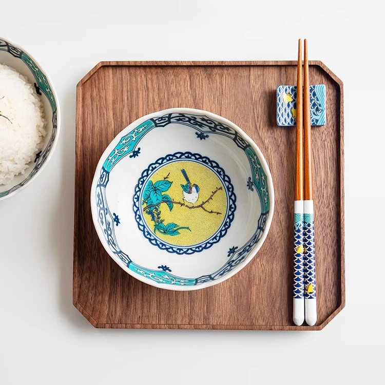 九谷烧吉田屋黄彩喜鹊花鸟钵碗进口文创家用陶瓷釉下彩手工日式