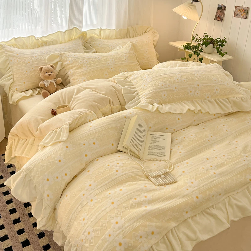 冬季加绒花边款加厚牛奶绒宝宝绒四件套床上用品被套双面绒