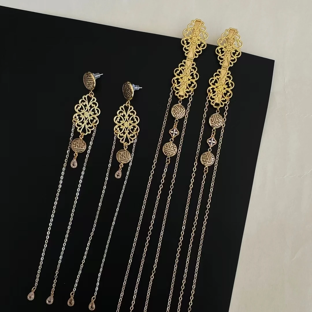 铜合金婚庆饰品 民族风绸缎面料中式耳钉金色耳环头饰新娘配饰