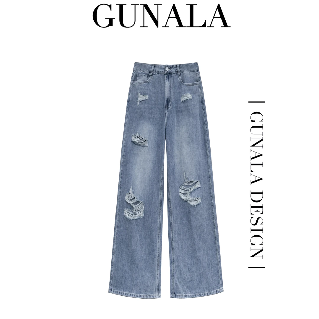 GUNALA DESIGN夏季休闲直筒高腰破洞复古重工时尚大码直筒裤