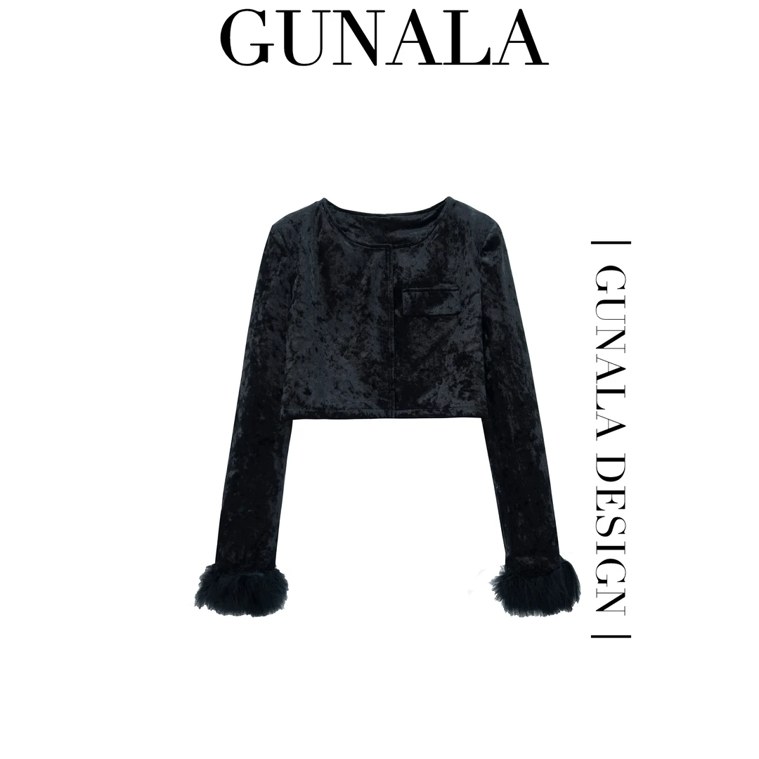 早秋新款遮肉显瘦丝绒百搭短开衫小外套优雅设计师-L019