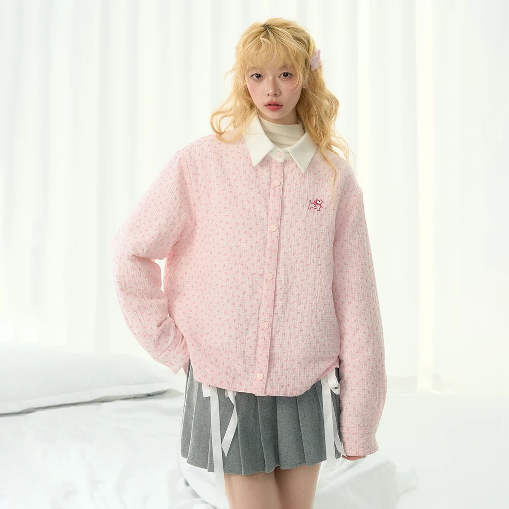 ECHOSTA 少女粉胸口小狗刺绣中长款排扣棉服