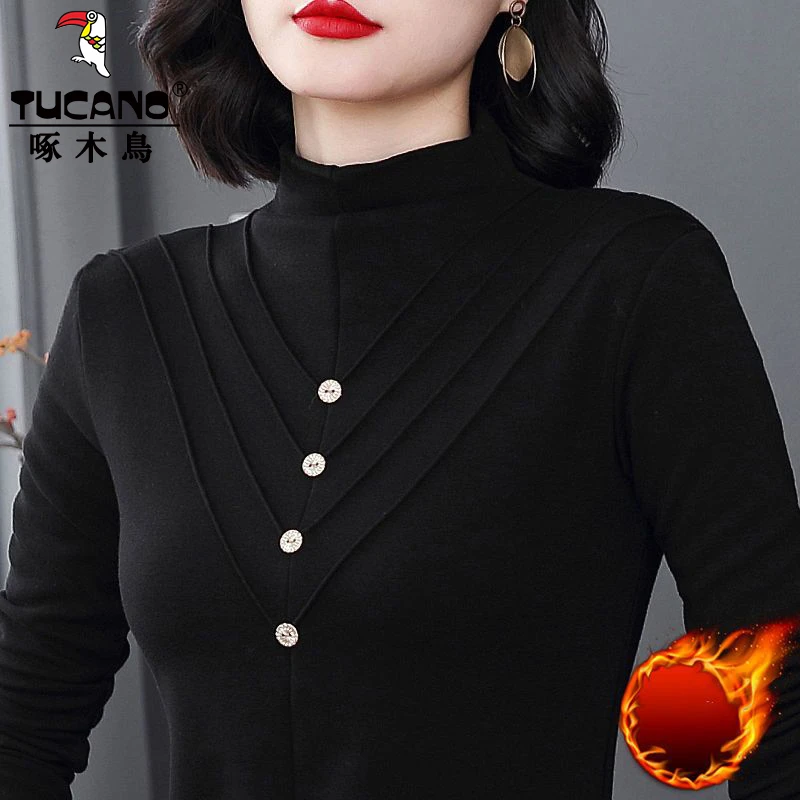 啄木鸟2023秋冬新款加厚双面德绒中年妈妈打底衫女半高领保暖上衣