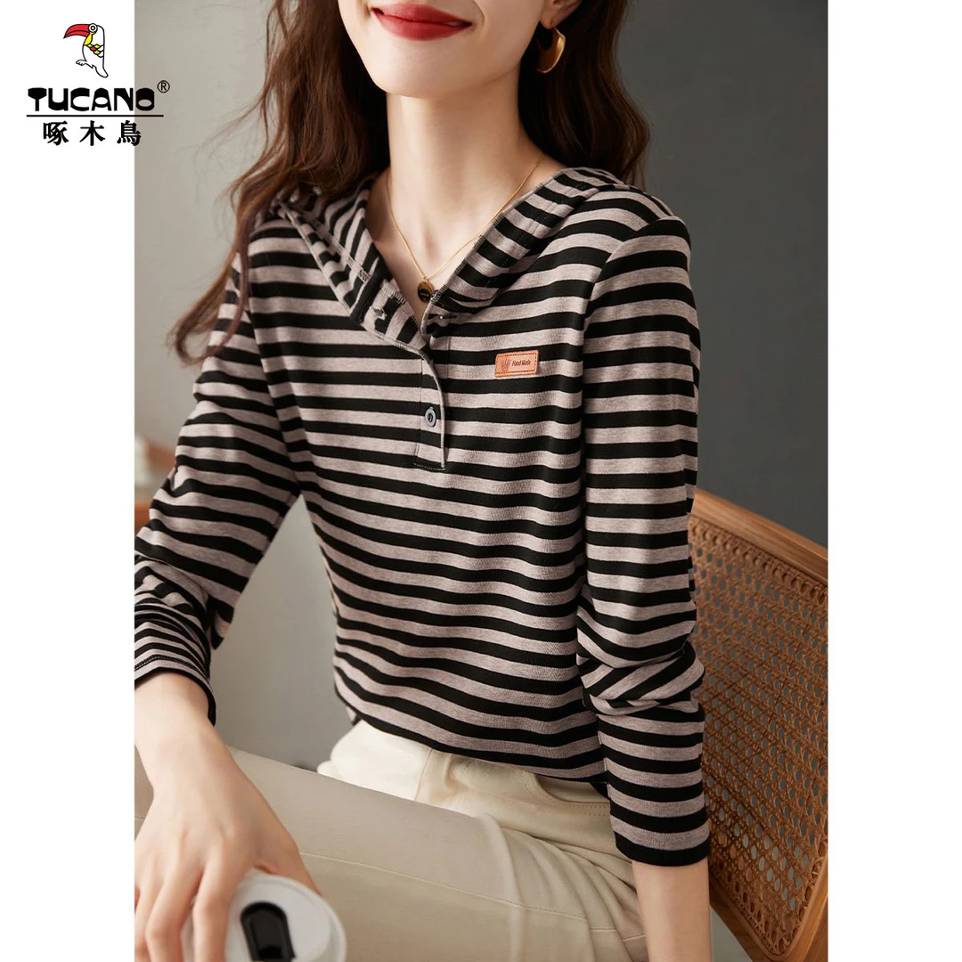 啄木鸟2025连帽条纹T恤女士减龄卫衣宽松外穿显瘦上衣新款春秋装