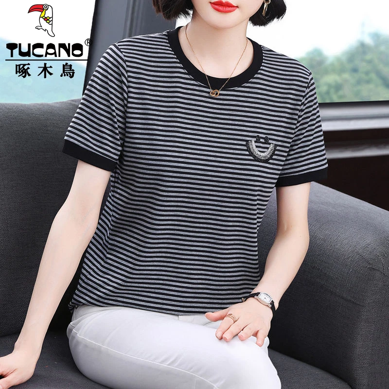 啄木鸟短袖t恤女2025夏季新款条纹中年妈妈体恤宽松时尚大码上衣