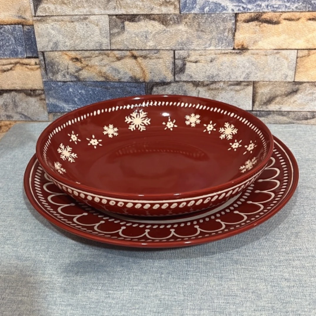 0321 微瑕品红色圣诞树系列大盘汤盆2件套