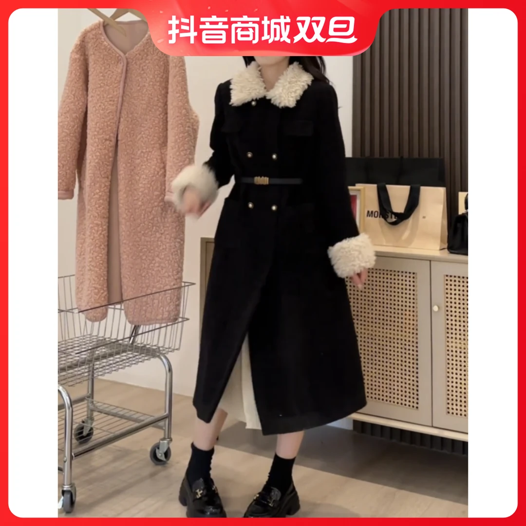 冬高级感夹棉过膝毛呢大衣法式赫本风黑色显瘦气质网红时尚收腰