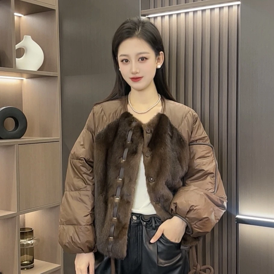 【薪多多推荐】简约大气时尚高级天然皮草咖色外套女-933CE