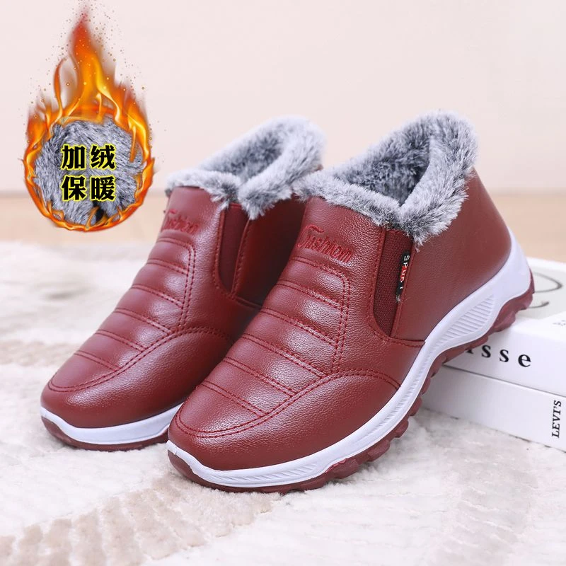 意迪森女冬加绒妈妈鞋老北京棉鞋女防滑防水保暖冬季皮面雪地靴