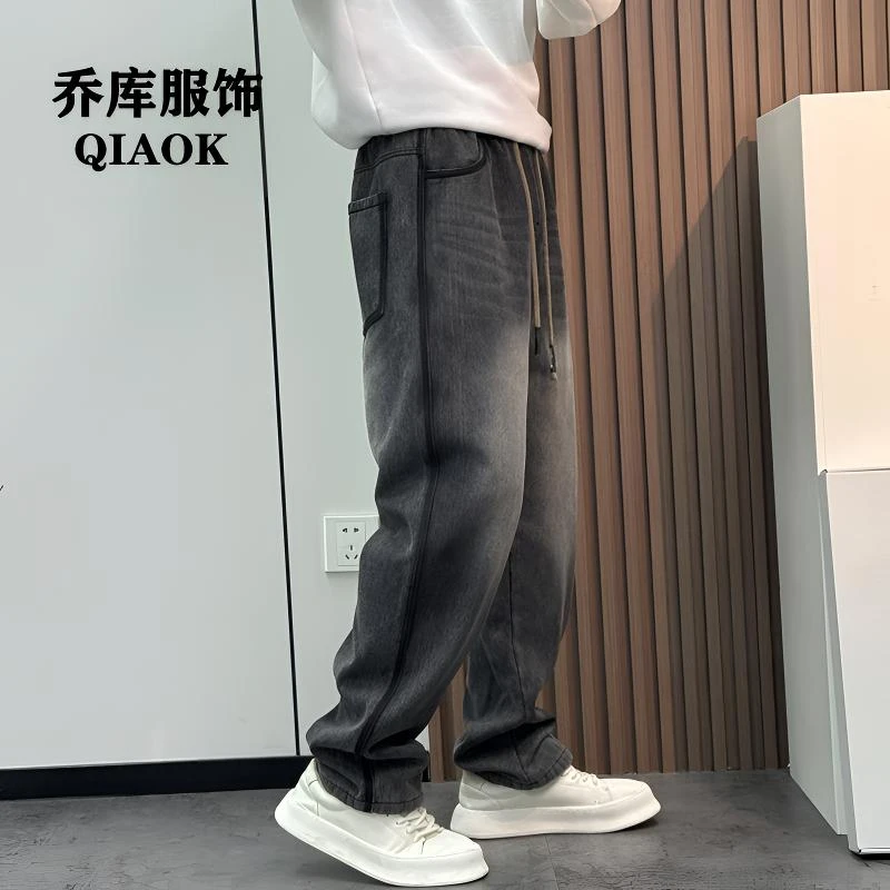 冬季新款加绒加厚潮牌牛仔裤休闲裤小直筒男士宽松秋冬休闲裤男款