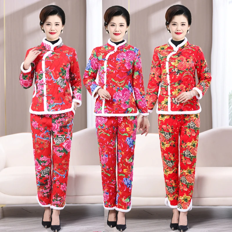 2023秋冬季新款网红棉衣棉裤保暖两件套装宽松民族风东北大花袄子