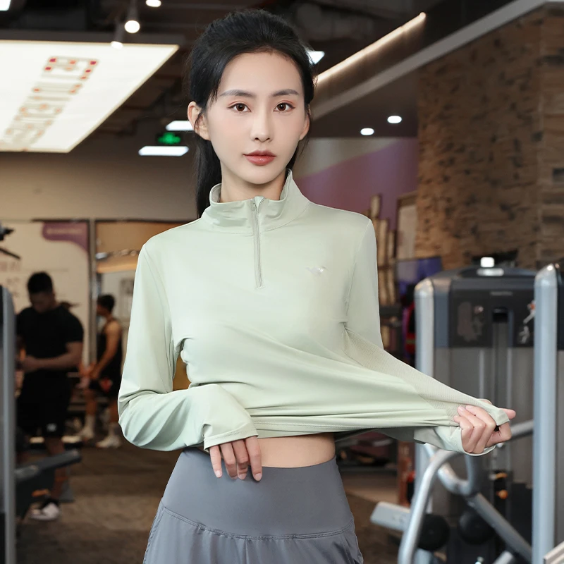 9277秋冬速干衣瑜伽服秋冬户外健身服训练半拉链立领长袖宽松女士