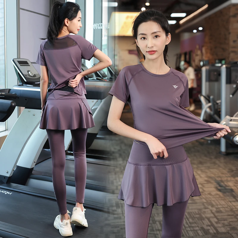 夏季薄款瑜伽服遮肉速干套装网纱假两件户外健身跑步服晨跑女1210