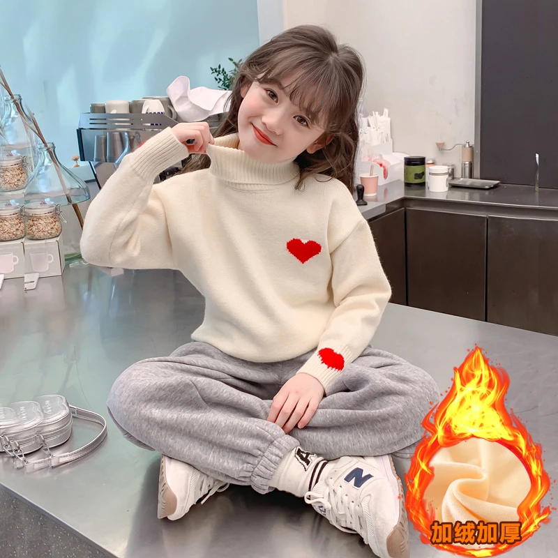 女童毛衣加绒秋冬时尚洋气2023新款中大儿童装女孩针织衫加厚保暖