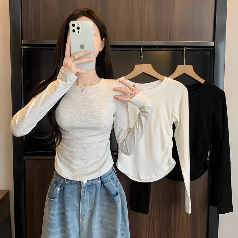 设计感小众正肩长袖T恤女春秋冬内搭短款打底衫辣妹修身显瘦上衣