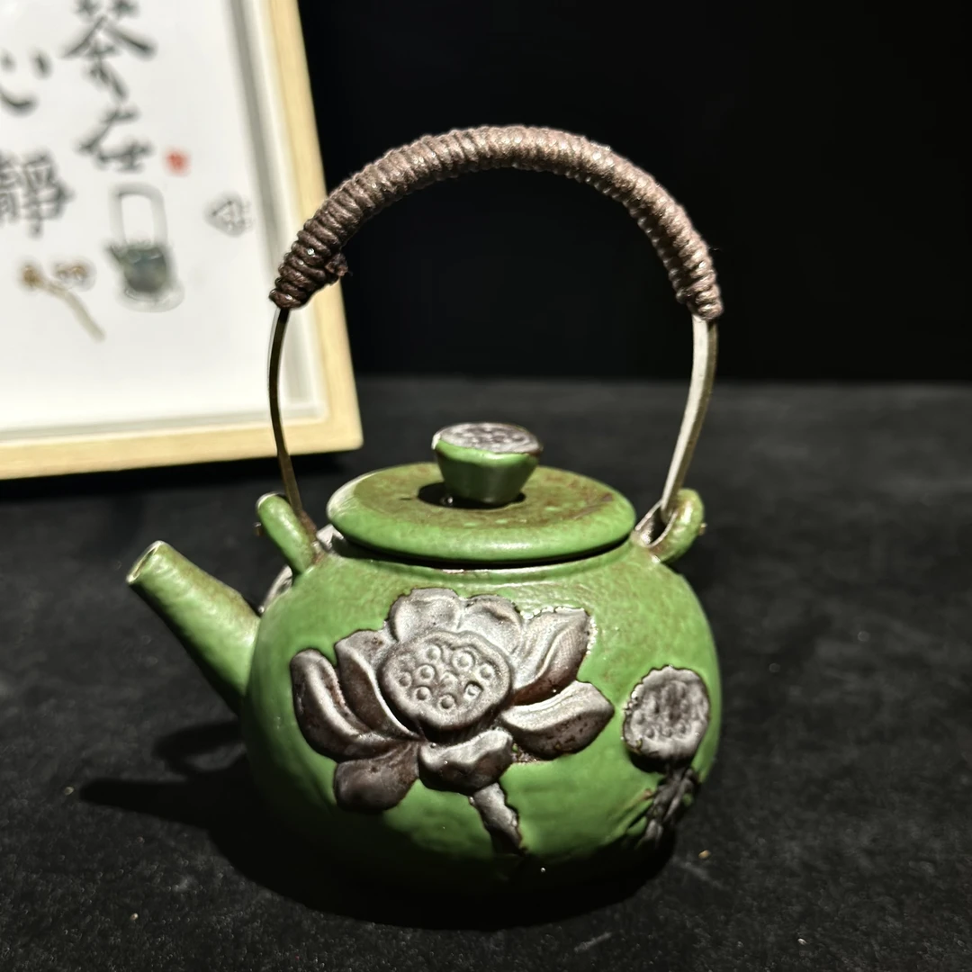 中式粗陶复古竹青荷绿莲花提梁泡茶壶