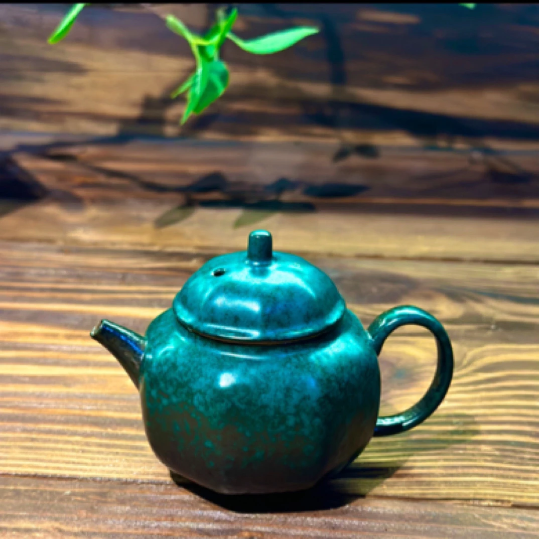 复古陶瓷墨绿六合茶壶家用泡茶壶功夫茶器茶具创意单壶