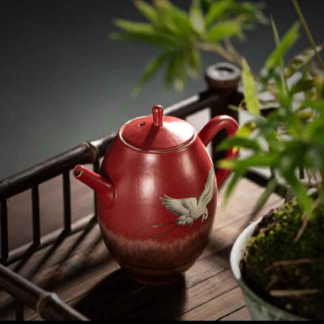 山楂红瑞鹤呈祥泡茶美人陶壶