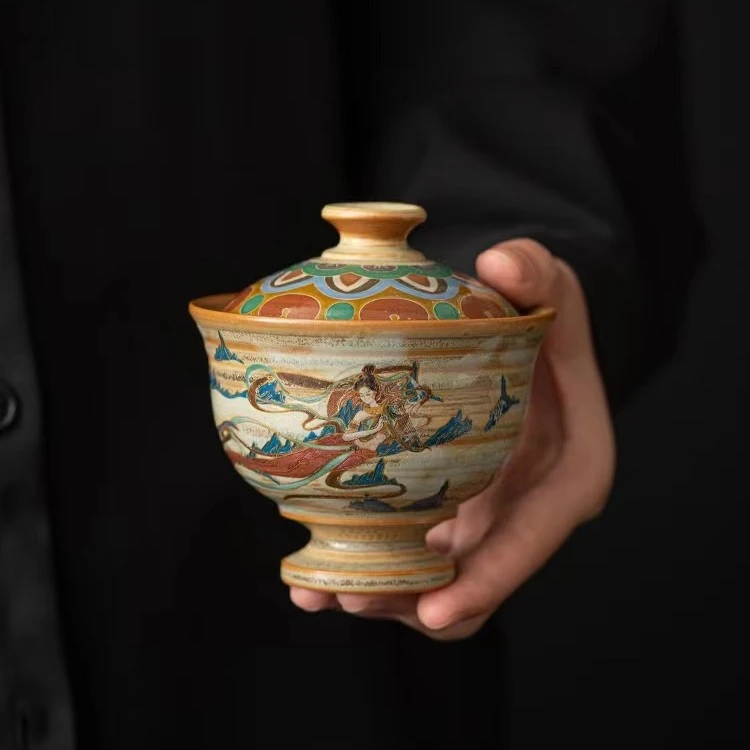 手工敦煌飞天手泡碗 茶具复古家用二才陶瓷盖碗