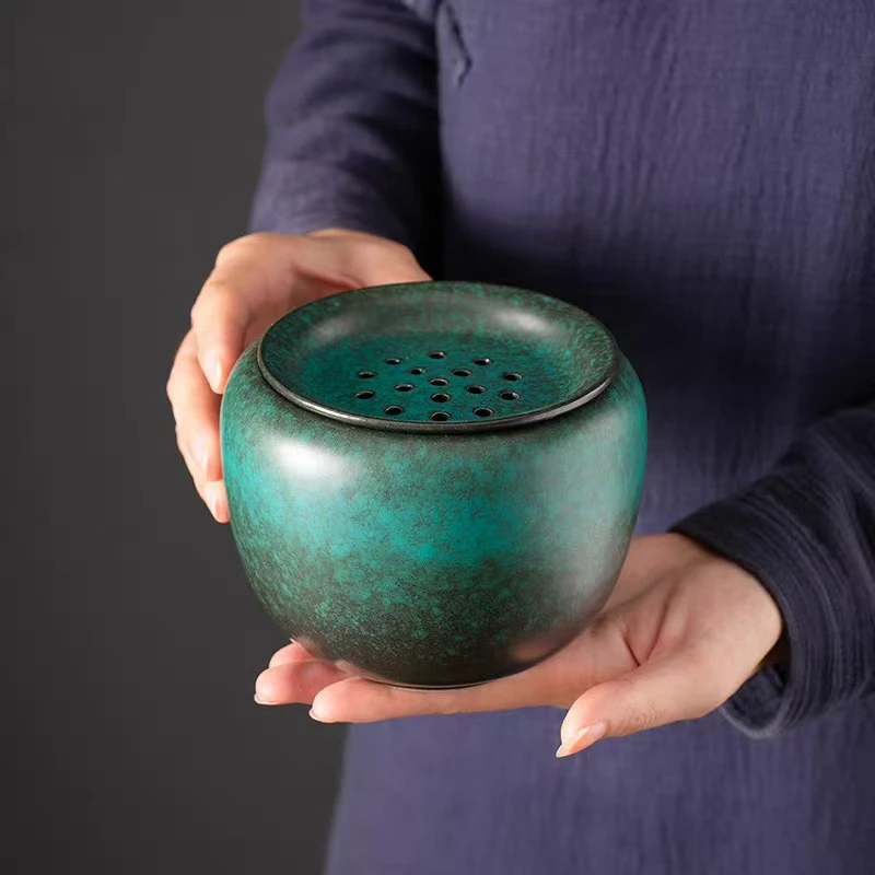 复古松石绿墨绿松釉细陶泥陶瓷过滤建水茶渣缸