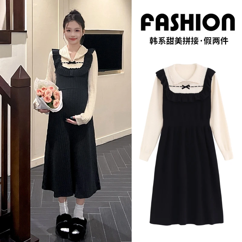 孕妇连衣裙2025春季韩版新款时尚宽松大码假两件春秋中长款针织裙