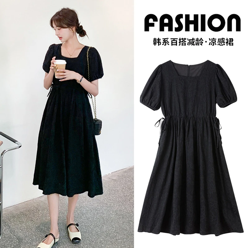 孕妇连衣裙2024夏季韩版新款宽松大码时尚抽绳气质中长款小黑裙子