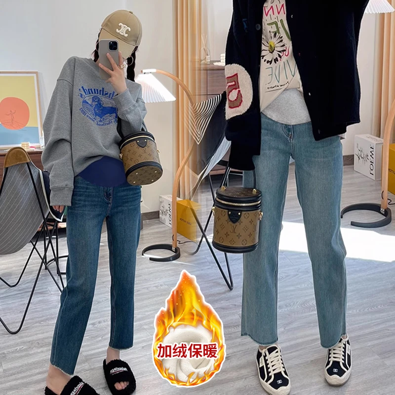 孕妇牛仔裤子秋冬款韩版外穿加绒加厚直筒裤毛边可调节托腹烟管裤