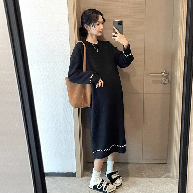 孕妇连衣裙春秋季韩版宽松新款过膝中长款温柔风加厚针织打底裙子